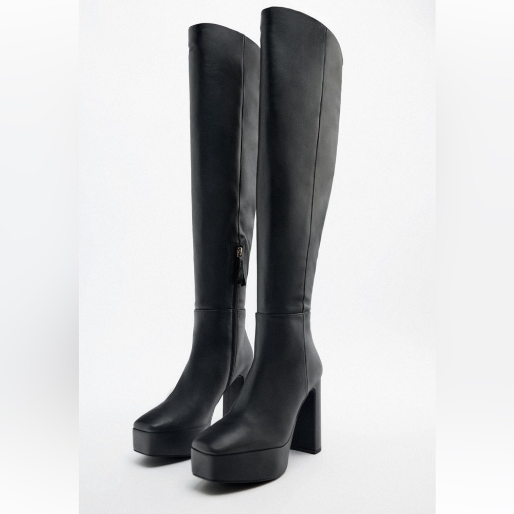 ZARA Genuine Leather Platform Heeled Boots